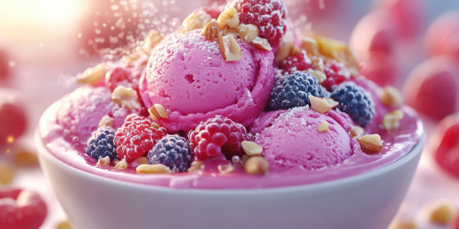 Colorful dessert bowl filled with raspberry ice cream and fresh berries topped with nuts at a sunny outdoor gathering